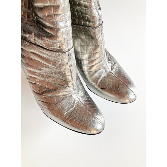 CASADEI Silver Croc-Embossed Leather Mid Calf Platform Mid Calf Boots, Size 6 - Picture 3 of 16